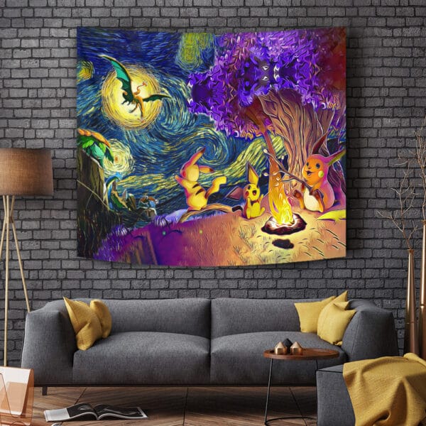 Pokemon Starry Night Campfire Tapestry