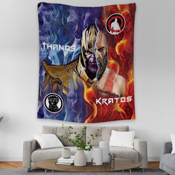 Trippy Thanos And Kratos Marvel Tapestry